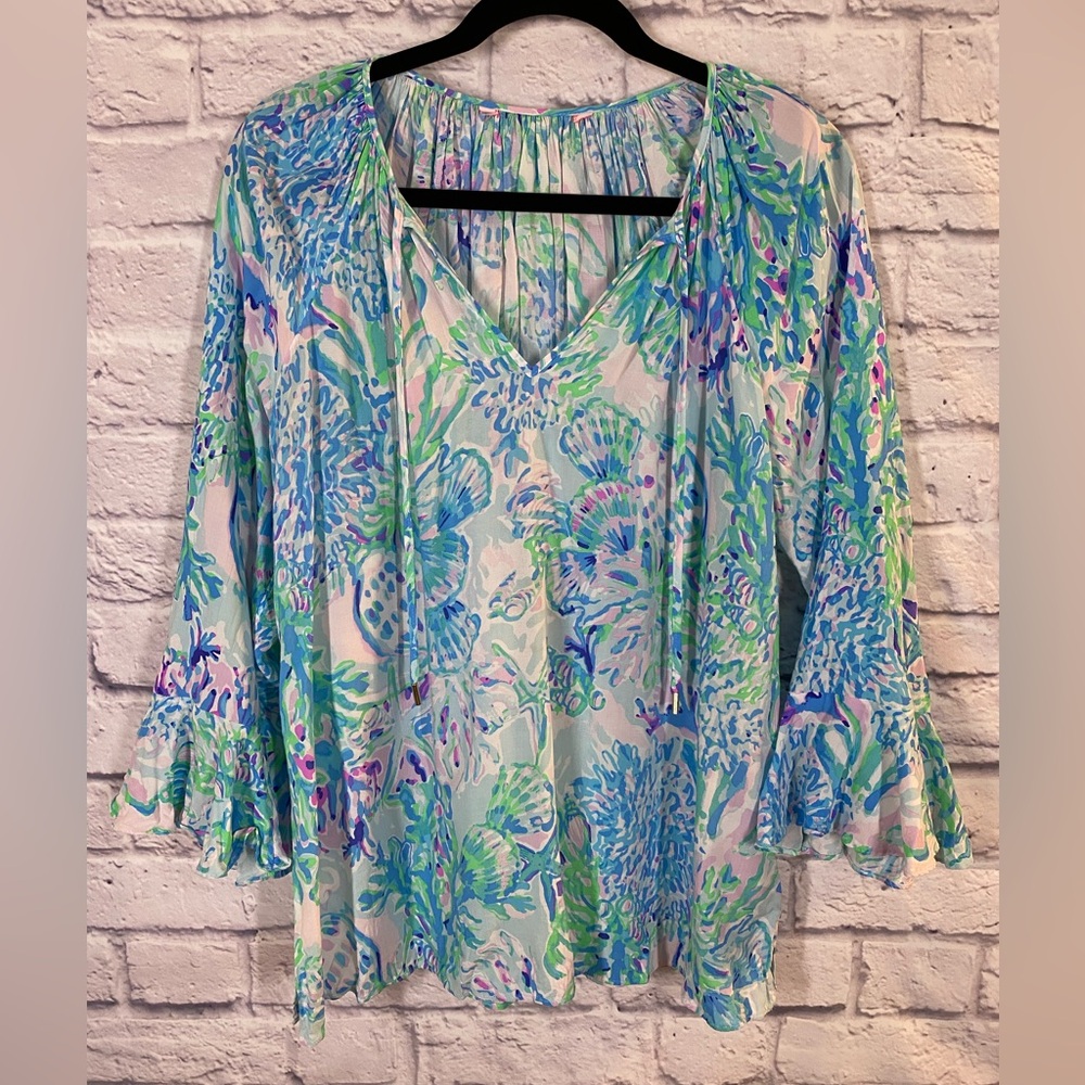 Lilly Pulitzer Willa Flounce Sleeve Blouse Amethyst Tint Craysea Print Size S
